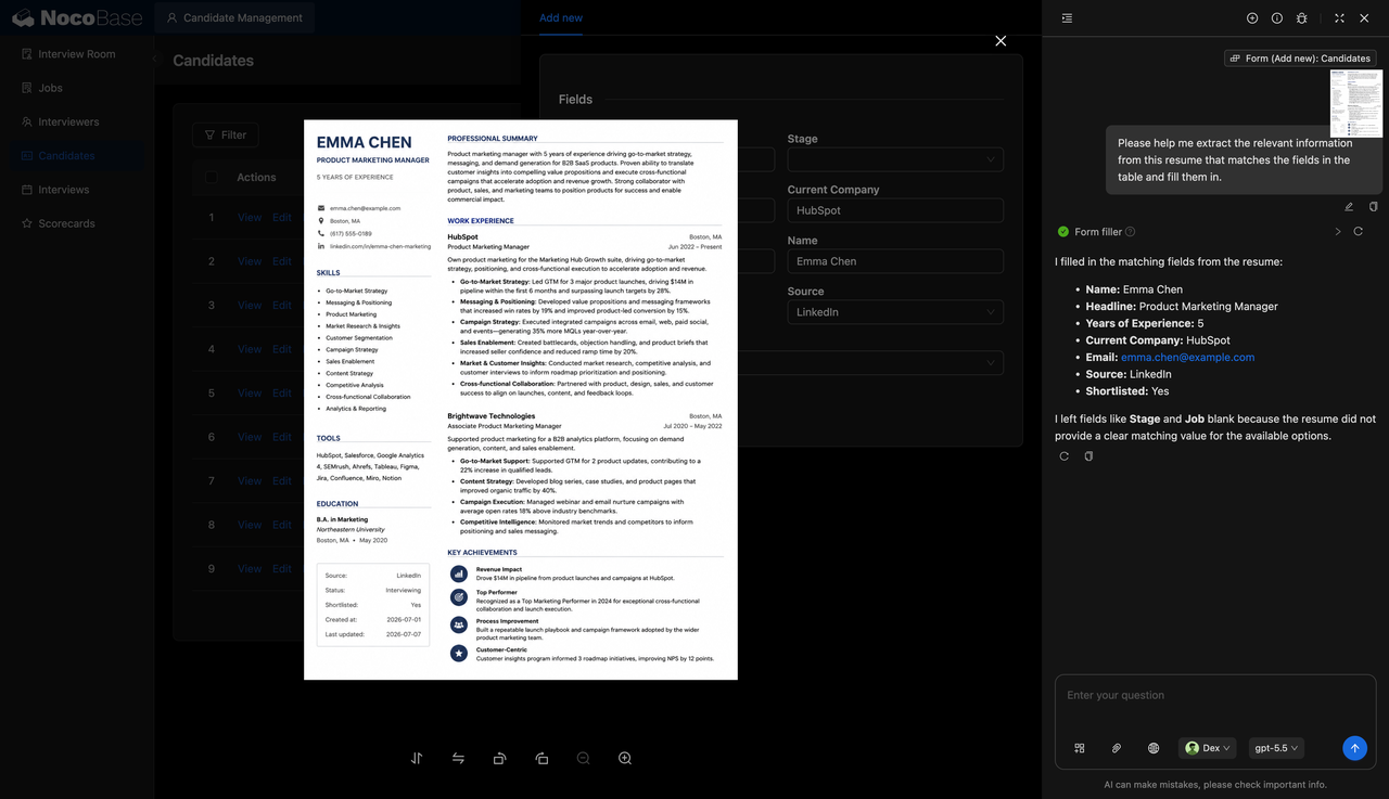 Resume preview and field validation in NocoBase